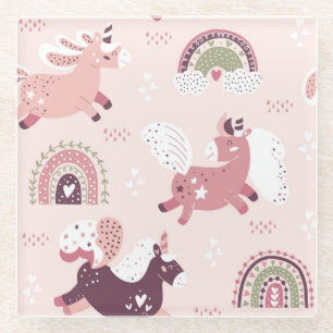 Unicorns Rainbows: Pastel Magic Background. Glass Coaster