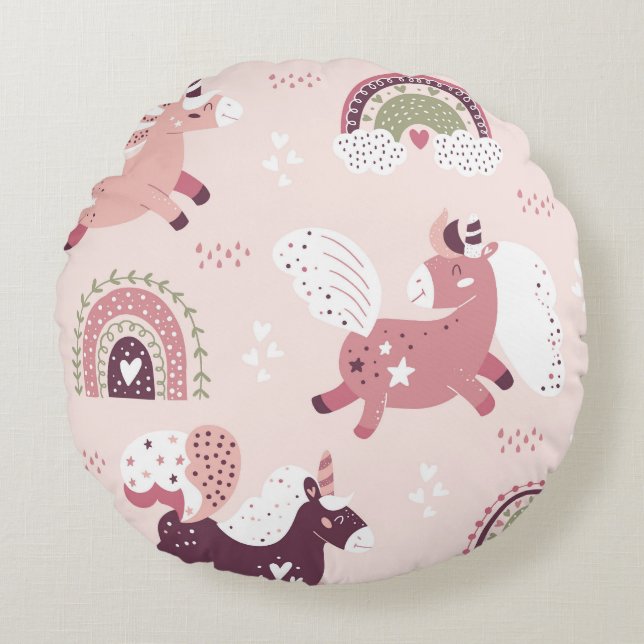 Unicorns Rainbows: Pastel Magic Background. Round Cushion (Front)