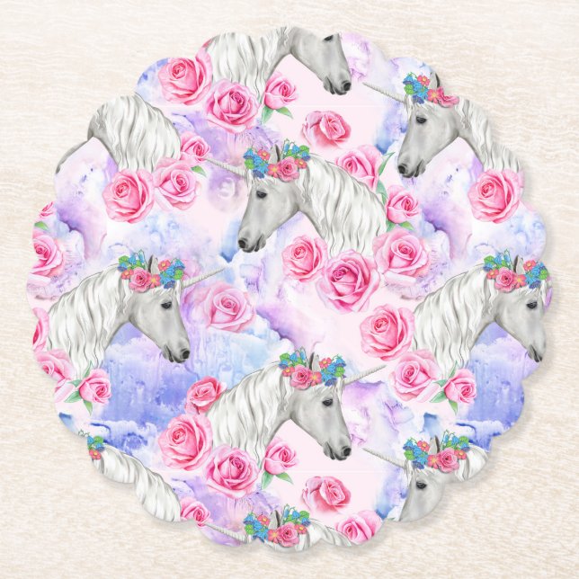 Unicorns & Roses Pattern Paper Coaster (Front)