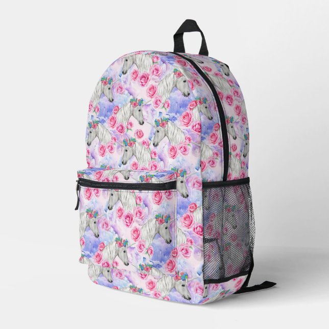 Unicorns & Roses Pattern Printed Backpack (Back Corner Right)