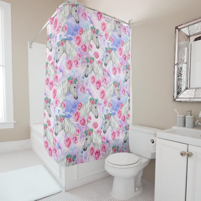 Unicorns & Roses Pattern Shower Curtain (In Situ)