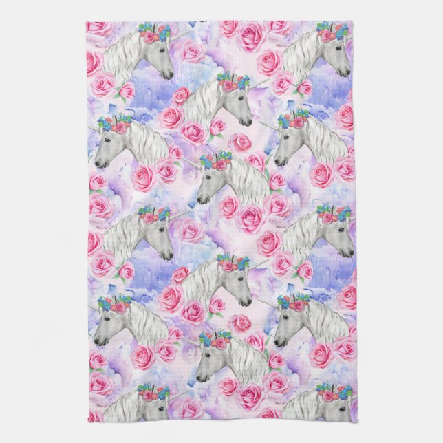 Unicorns & Roses Pattern Tea Towel (Vertical)