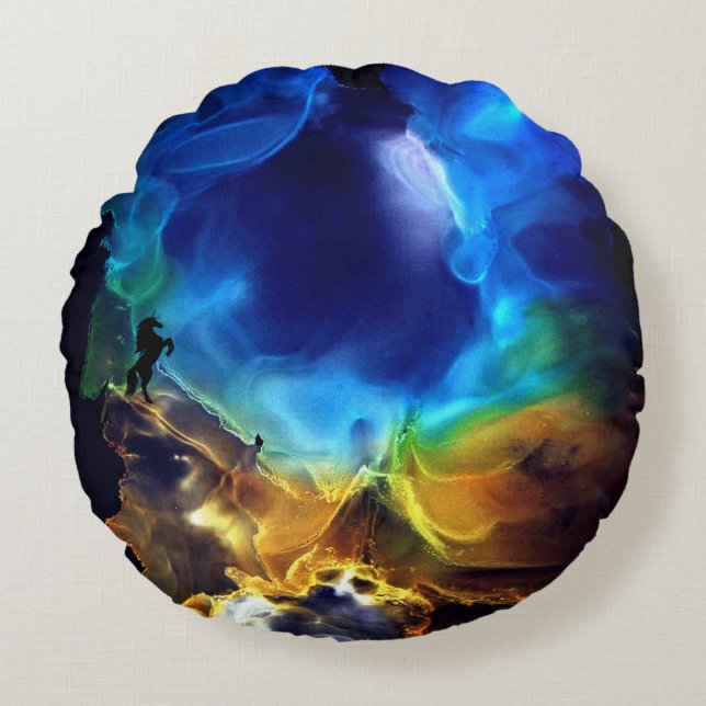 Unicorns Space Nebula blue yellow Alcohol ink art  Round Cushion (Front)