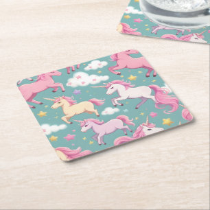 Unicorns with clouds and stars pattern square paper coaster