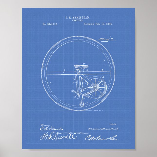 Unicycle 1894 Patent Art Blueprint Poster (Front)