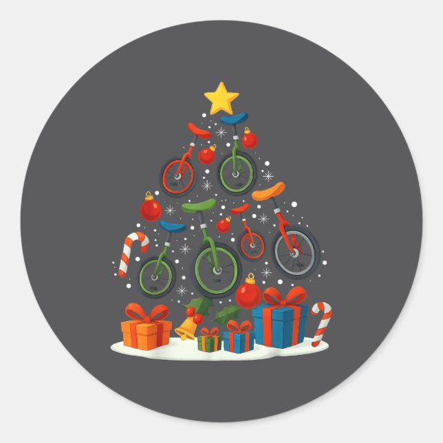 Unicycling Unicycle Christmas Tree Xmas  Classic Round Sticker (Front)