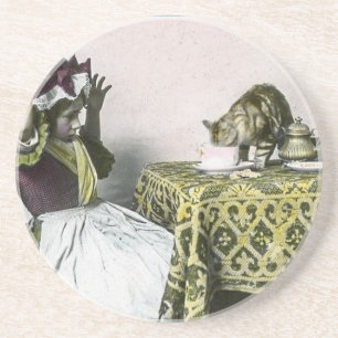 Uninvited Guest Bad Kitty Vintage Tea Party Girl Coaster