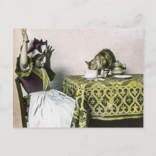 Uninvited Guest Bad Kitty Vintage Tea Party Girl Postcard