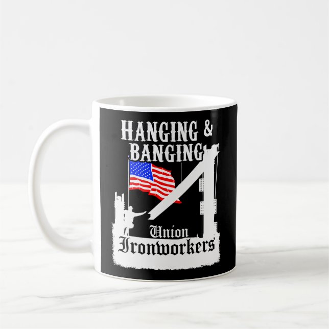 Union Ironworkers Hanging Banging American Flag Coffee Mug (Left)