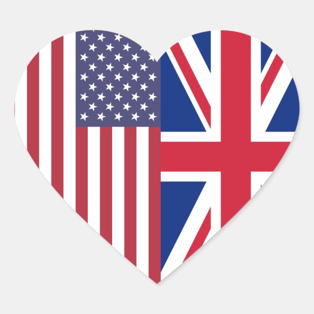 Union Jack And United States of America Flags Heart Sticker (Front)