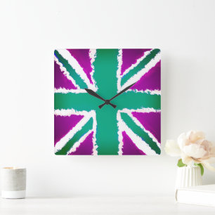 Union Jack Art Purple Greenl Tones Wall Art Square Wall Clock
