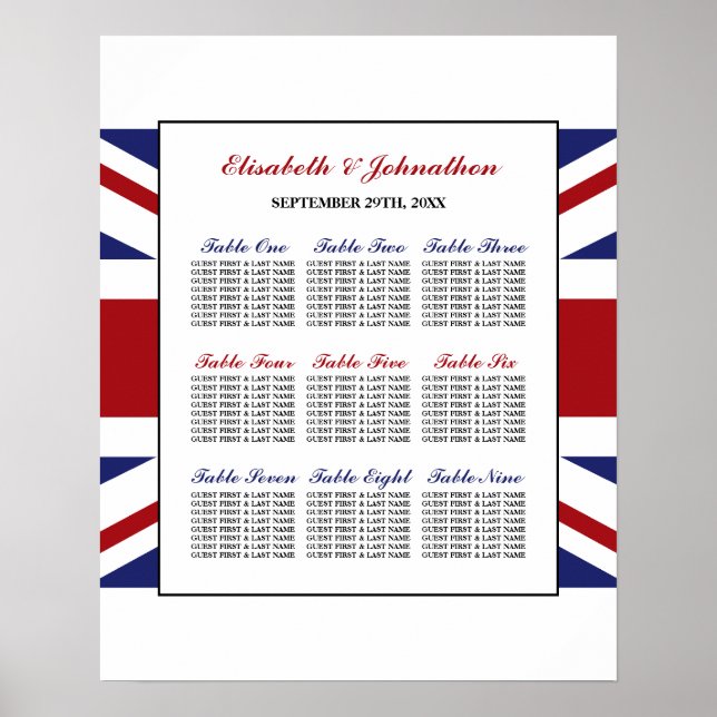 Union Jack Flag British Wedding Seating Chart (Front)
