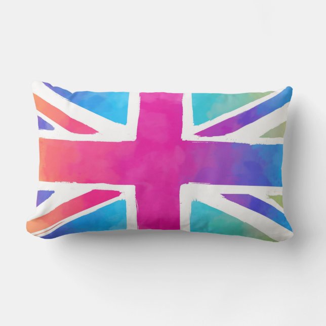 Union Jack Flag in Bright Watercolors Lumbar Cushion (Front)
