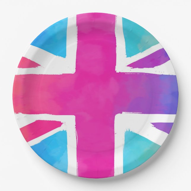Union Jack Flag in Bright Watercolors Paper Plate (Front)