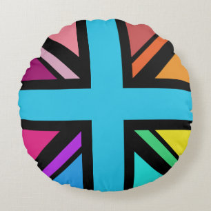 Union Jack/Flag Multicolored+Black Design Round Cushion
