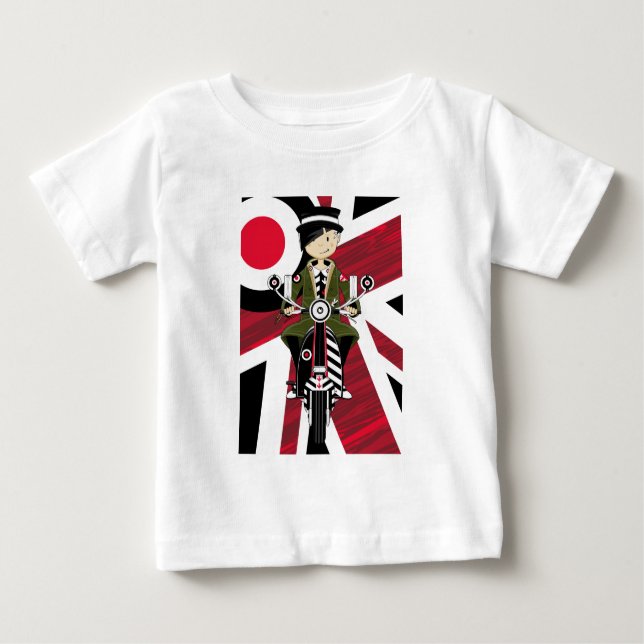 Union Jack Mod Girl on Scooter Baby T-Shirt (Front)