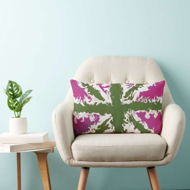 Union Jack Painted UK Art Pink and Green Decor Lumbar Cushion (Chair)