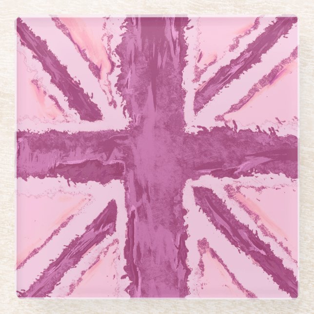Union Jack Painted UK Art Plum Glass Coaster (Front)