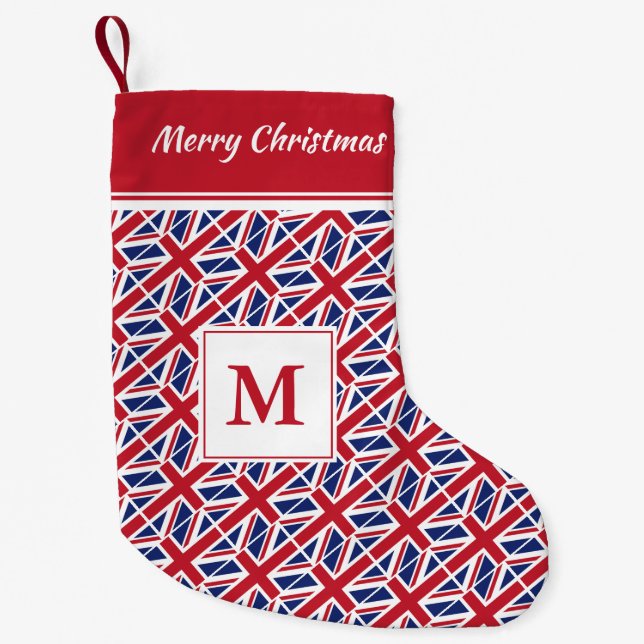 UNION JACK UK Flag Monogram Custom Text Small Christmas Stocking (Front)