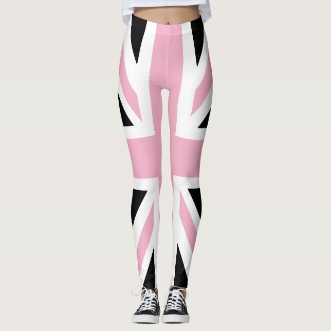 Union Jack UK Flag Pink and Black Leggings (Front)