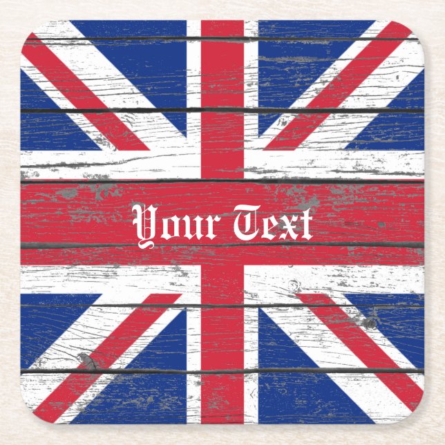 Union Jack Weathered Wood Personalise Square Paper Coaster (Front)
