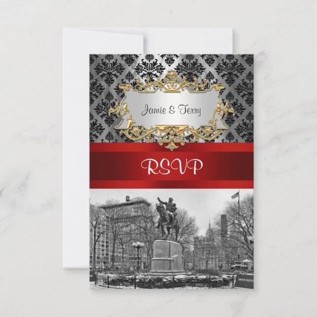 Union Square NYC Black Damask 211 RSVP 2 Card (Front)