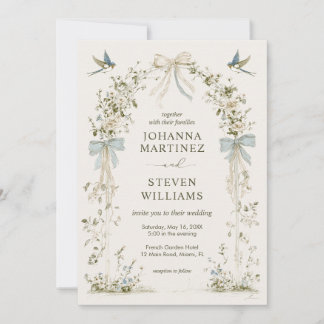 Union Time Beige Green Floral Birds Flower Wedding Invitation