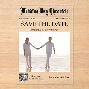 Unique 1 Photo QR Code Newspaper Save the Date Acrylic Invitations