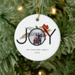 Unique 2 Photo Joy Merry Christmas Ceramic Ornament<br><div class="desc">A clean and simple yet festive design with a Photo embedded in the word JOY against very merry holly berries.  This 2 photo ornament is easily customised with your personalisation on the front and back.  Ideal gift and keepsake for this Christmas holiday season!</div>