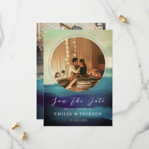 Unique 2 Photos Navy Blue Abstract Overlay Save The Date