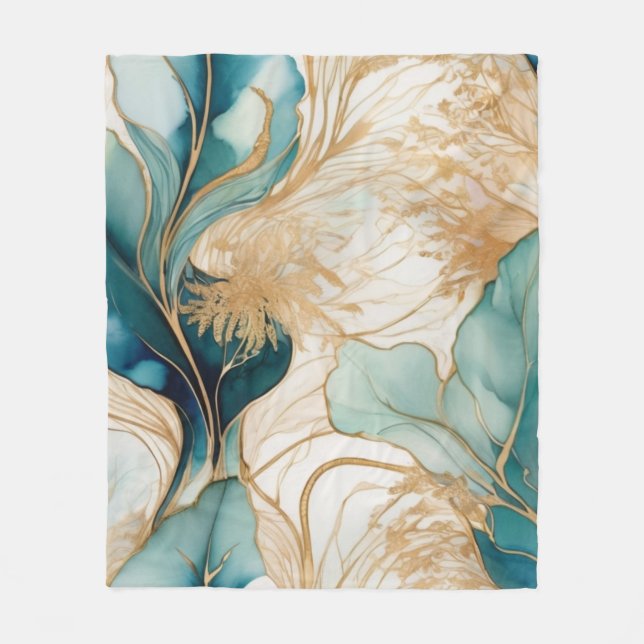 Unique Abstract Alcohol Ink With Golden Boundaries Fleece Blanket (Front)
