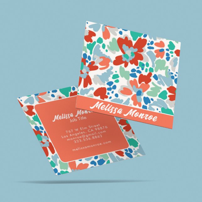 Unique Abstract Watercolor Flowers Colourful Scrip Square Business Card (Creator Uploaded)