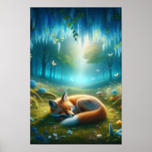 Unique AI generated art sleeping fox, blue glade Poster