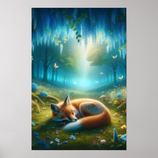 Unique AI generated art sleeping fox, blue glade Poster (Front)