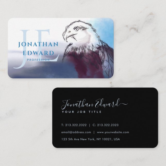Unique American Bald Eagle Blue Abstract Monogram Business Card (Front/Back)