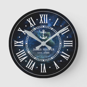 Unique anchor with name and date   Nautical Gifts Round Clock