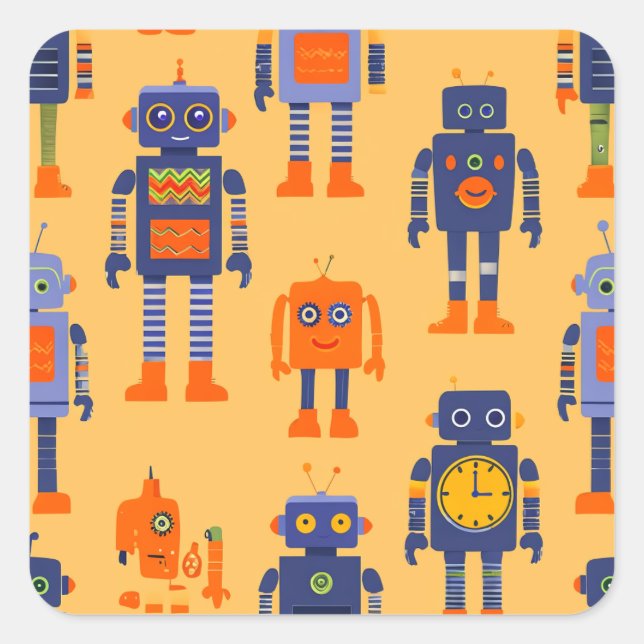 unique and fun robots square sticker (Front)