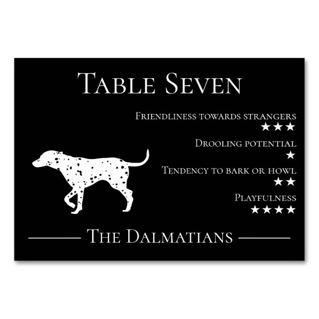 Unique and funny dog dalmatian guest trait wedding table number (Front)