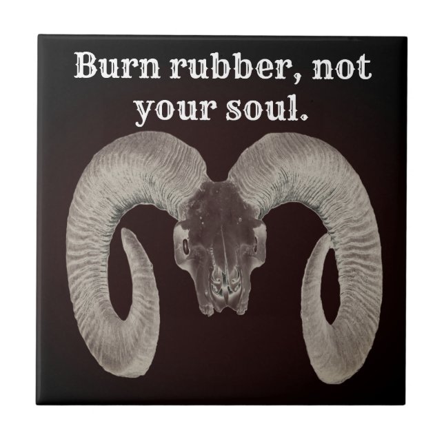 unique and handmade  goat skull ceramic tile (Front)