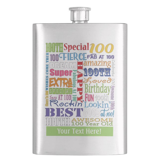 Unique And Special 100th Birthday Party Gifts Hip Flask (Front)