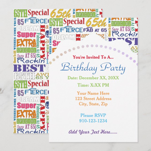 Unique And Special 65th Birthday Party Gifts Invitation (Front/Back)
