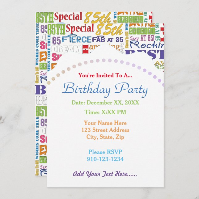 Unique And Special 85th Birthday Party Gifts Invitation (Front/Back)