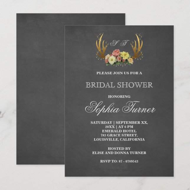 Unique Antlers Floral Chalkboard Bridal Shower Invitation (Front/Back)