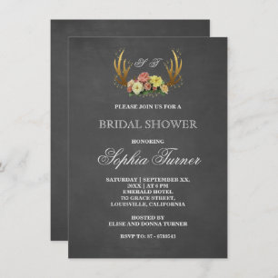 Unique Antlers Floral Chalkboard Bridal Shower Invitation