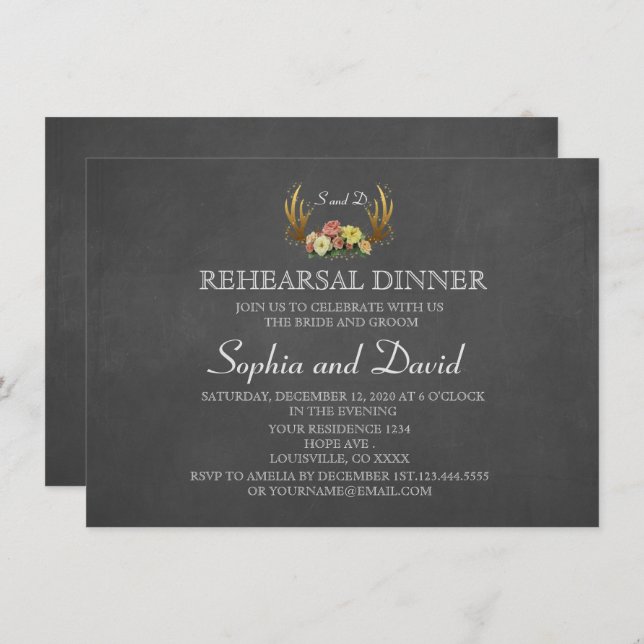 Unique Antlers Floral Wedding REHEARSAL DINNER Invitation (Front/Back)