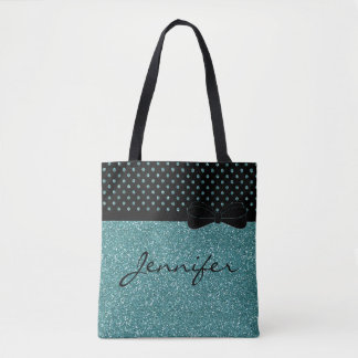 Unique Aqua Glitter Black Polka Dots Personalised Tote Bag