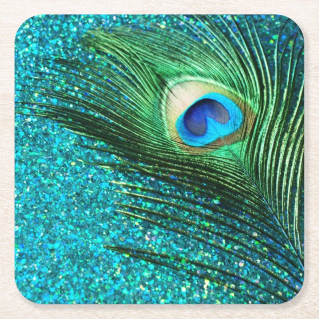 Unique Aqua Peacock Square Paper Coaster (Front)