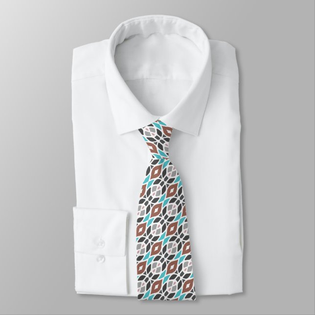 Unique Aqua Turquoise Teal Blue Grey Brown Tribal Tie (Tied)