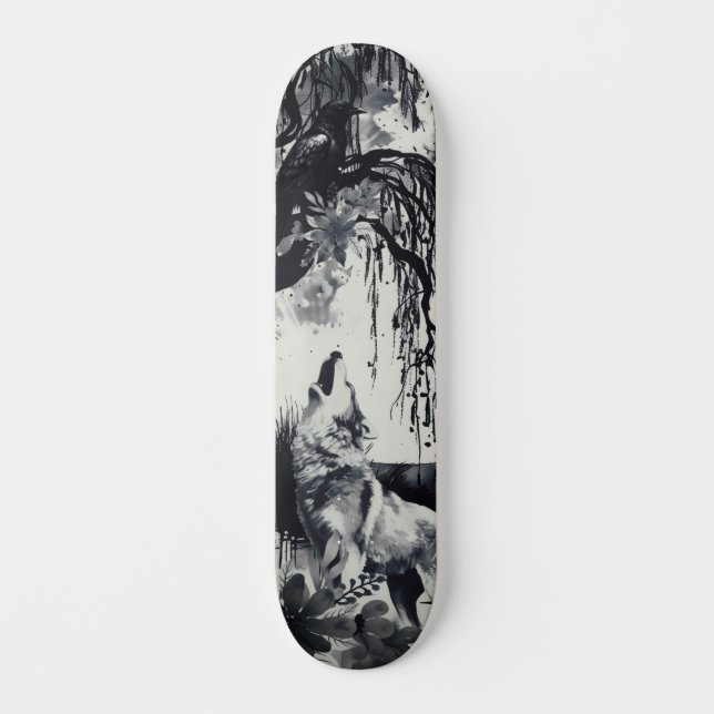 Unique Art Design Majestic Raven Moon & Wolf  Skateboard (Front)