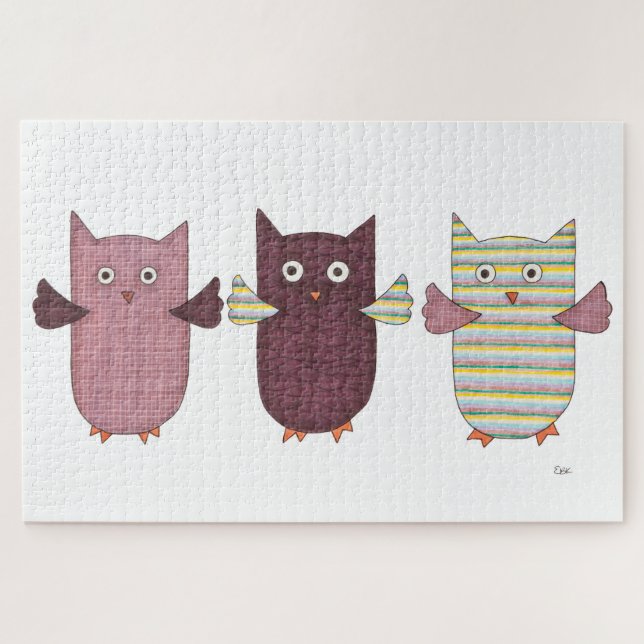Unique Art Puzzle-3 Purple Owls Jigsaw Puzzle (Horizontal)